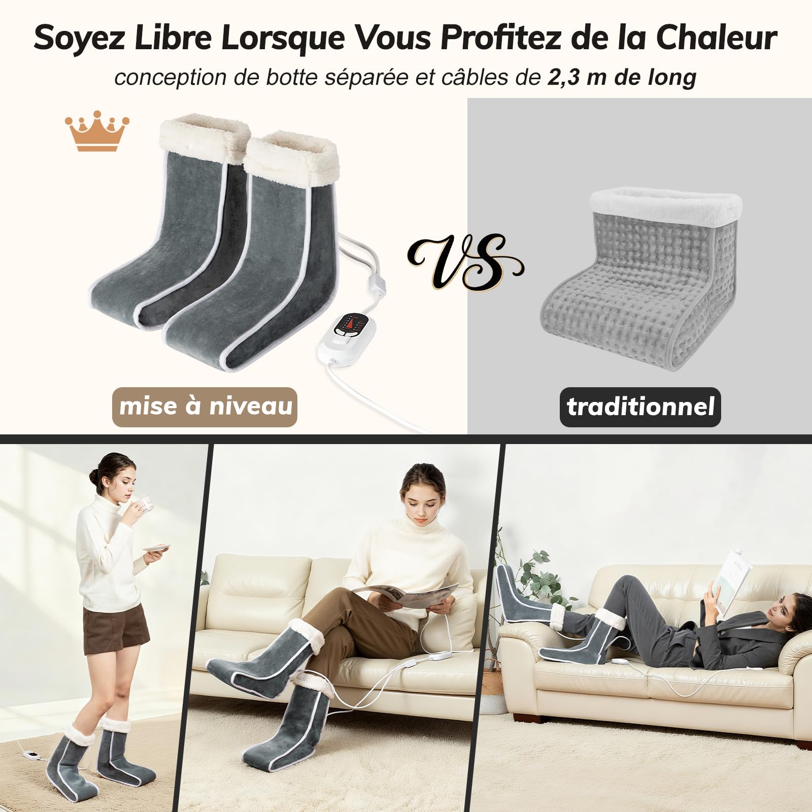 Chauffe-Pieds Électrique Séparé pour Femmes et Hommes, Chauffe-Pieds Chauffants avec Couverture des Mollets, 6 Réglages de Température, 4 Minuteries, Lavable en Machine, Doublure Douce