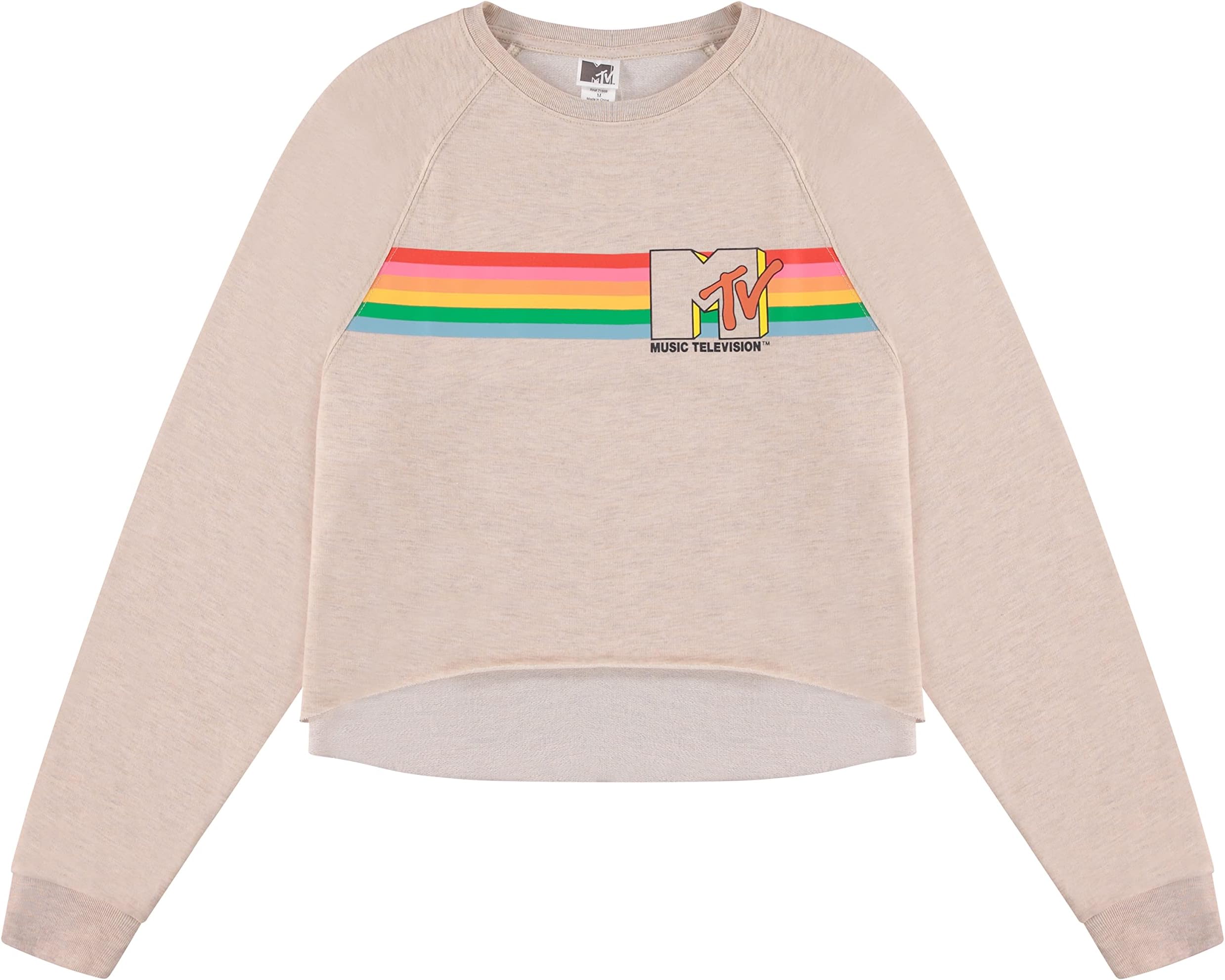 MTVWomen's Long Sleeve Raglan Sweatshirt - Nostalgic 90s 'I Want My Print - Casual Raw Edge Fleece Pullover
