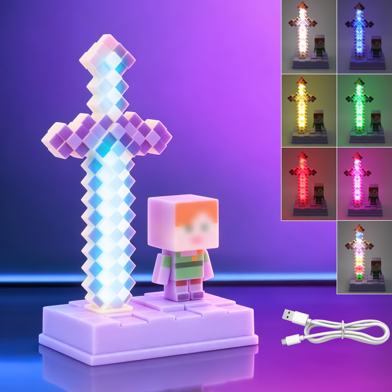 KQWVZ Glowing Diamond Sword, 17.8 cm 3D Pixelated Lantern Night Light, USB Rechargeable LED Lights with 5 Adjustable Colour, Pixel Light-Up LED Sword Toy, Children for Lighting Toys Gifts