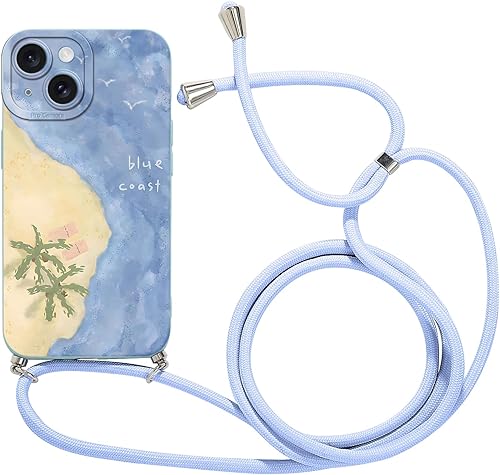 Foonary Coque pour iPhone 15 Plus avec Cordon, Cute Aesthetic Plage Fleur Beach 