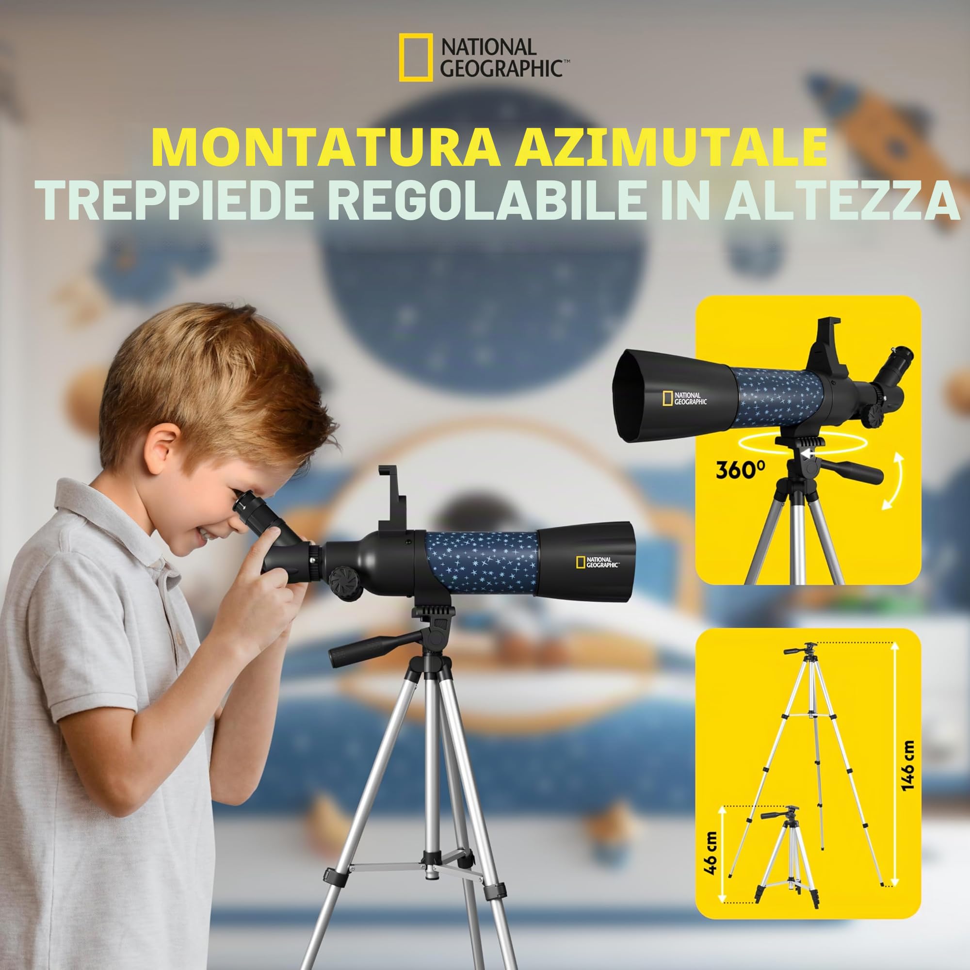 National Geographic smartes AR - Telescopio per bambini con treppiede, zaino, supporto per smartphone e app di realtà aumentata