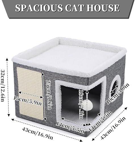 Miniatura 7 de Camas para gatos de interior, cueva grande para gatos con condominio acogedor, bola colgante esponjosa, ventana redonda, casa plegable para gatos de