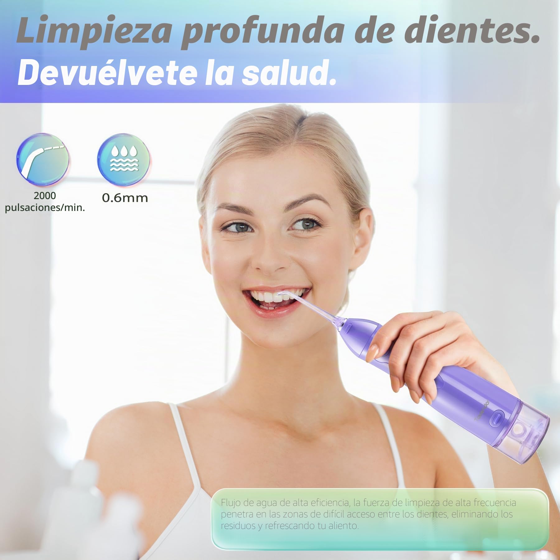 TOVENDOR Irrigador bucal eléctrico, irrigador bucal dental recargable inalámbrico IPX7, impermeable, 300 ml, limpiador de dientes de agua de viaje con 5 puntas para el cuidado de los frenos, limpieza