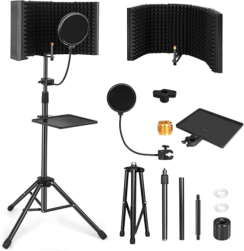Escudo de aislamiento de micrófono con panel curvado de soporte para micrófono, escudo de micrófono plegable con triple aislamiento acústico,