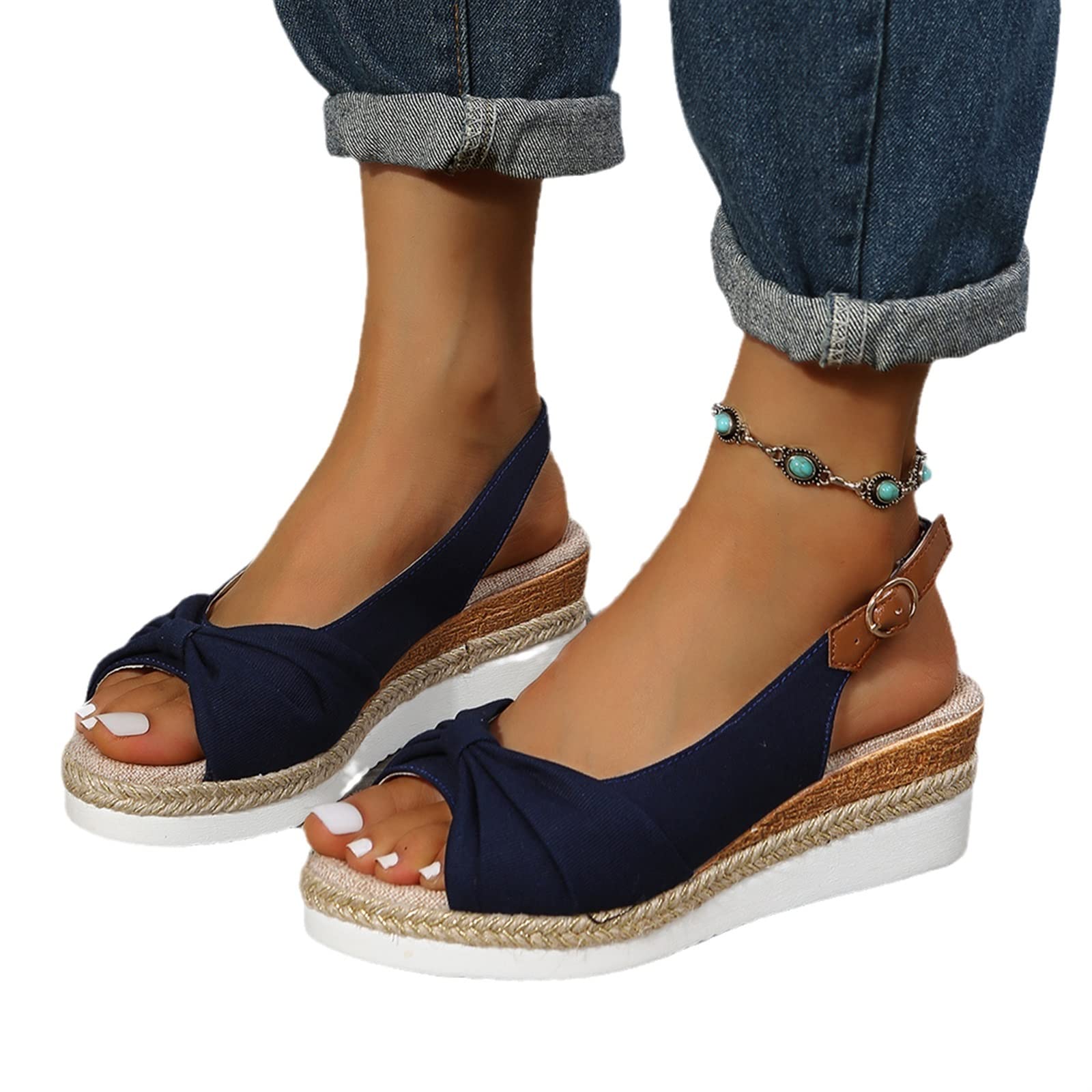 MIYYO Sandalias Elegantes De Mujer con Lazo Alpargatas Vintage con Tacón De Cuña Zapatillas Peep Toe De Verano Sandals De Playa Romanas Zapatos De Vestir De Tacón De Fiesta for Mujer