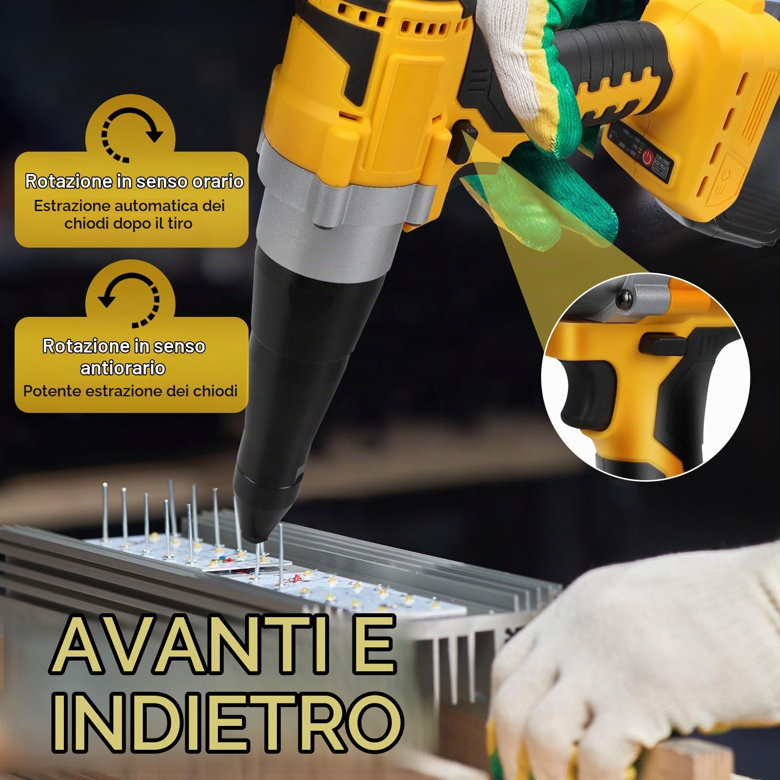 Rivettatrice a batteria con 20 rivetti per Dewalt 20V (senza batteria) | Pistola Rivettatrice Professionale Brushless, Luce LED, 3 Adattatori e Chiave, per Metallo, Plastica e Pelle