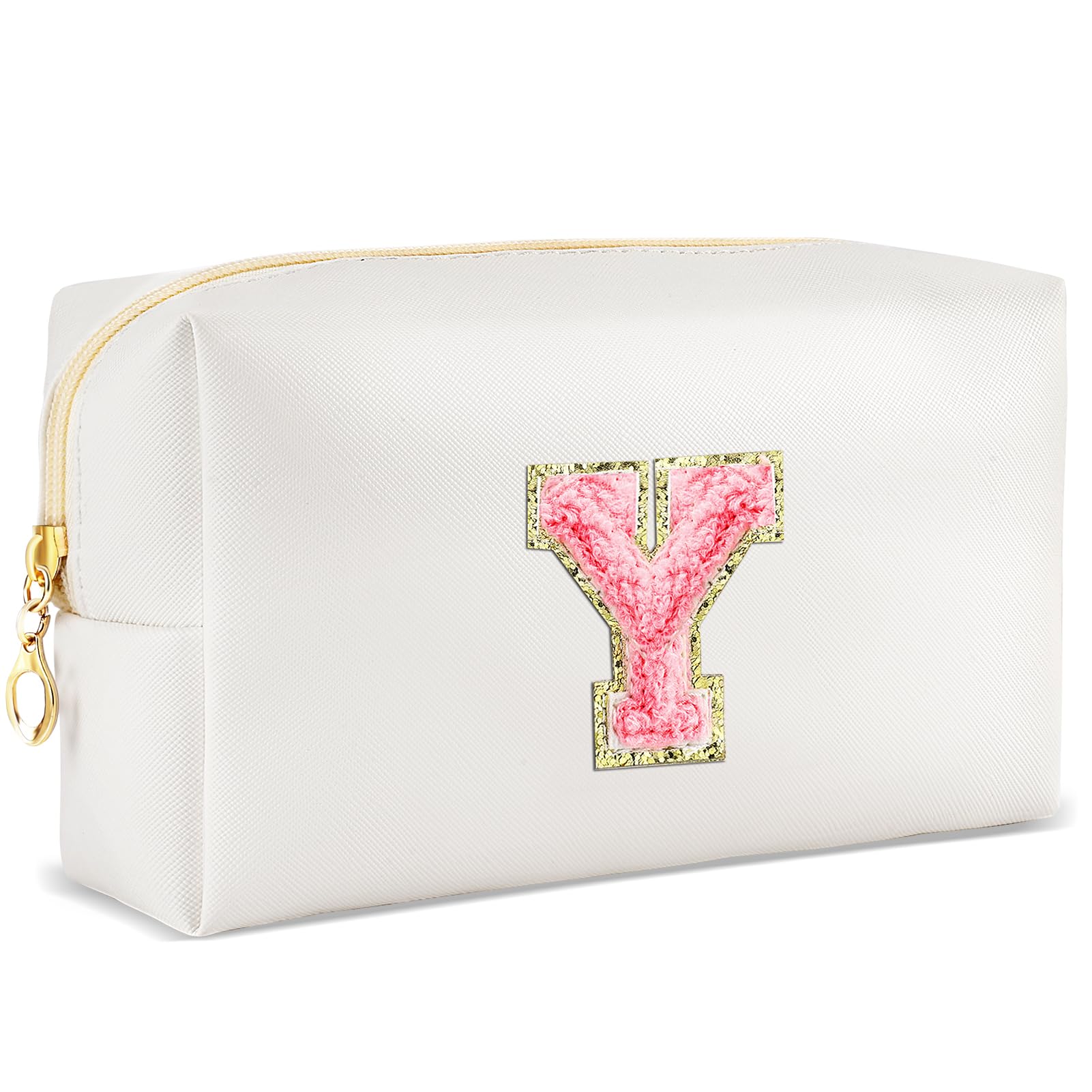 URSKYTOUS Initial Makeup Bag Personalized Preppy Travel Small Cosmetic Bag Cute PU White Chenille Letter Makeup Pouch for Purse Waterproof Zippered