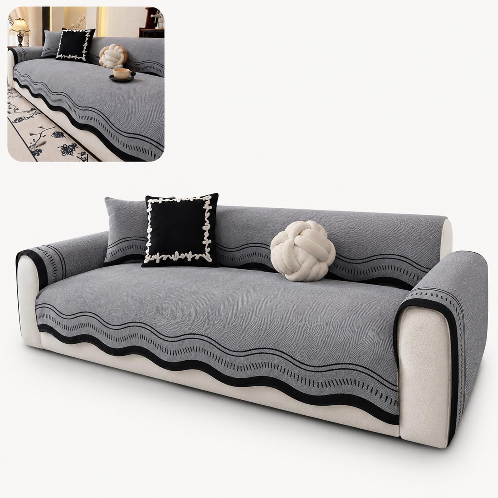 TJKK Couch Cover Blanket Geometric Striped Pet Covers for Couches and Sofas Dog Cover for Couch Pet Friendly Chenille Sectional Sofa Covers for Pets (grey,110 * 300cm)