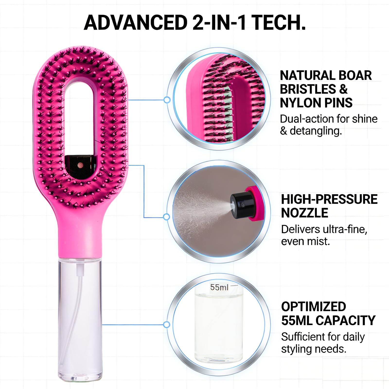 2-in-1 Hair Brush with Water Spray and Fine Mist Detangler