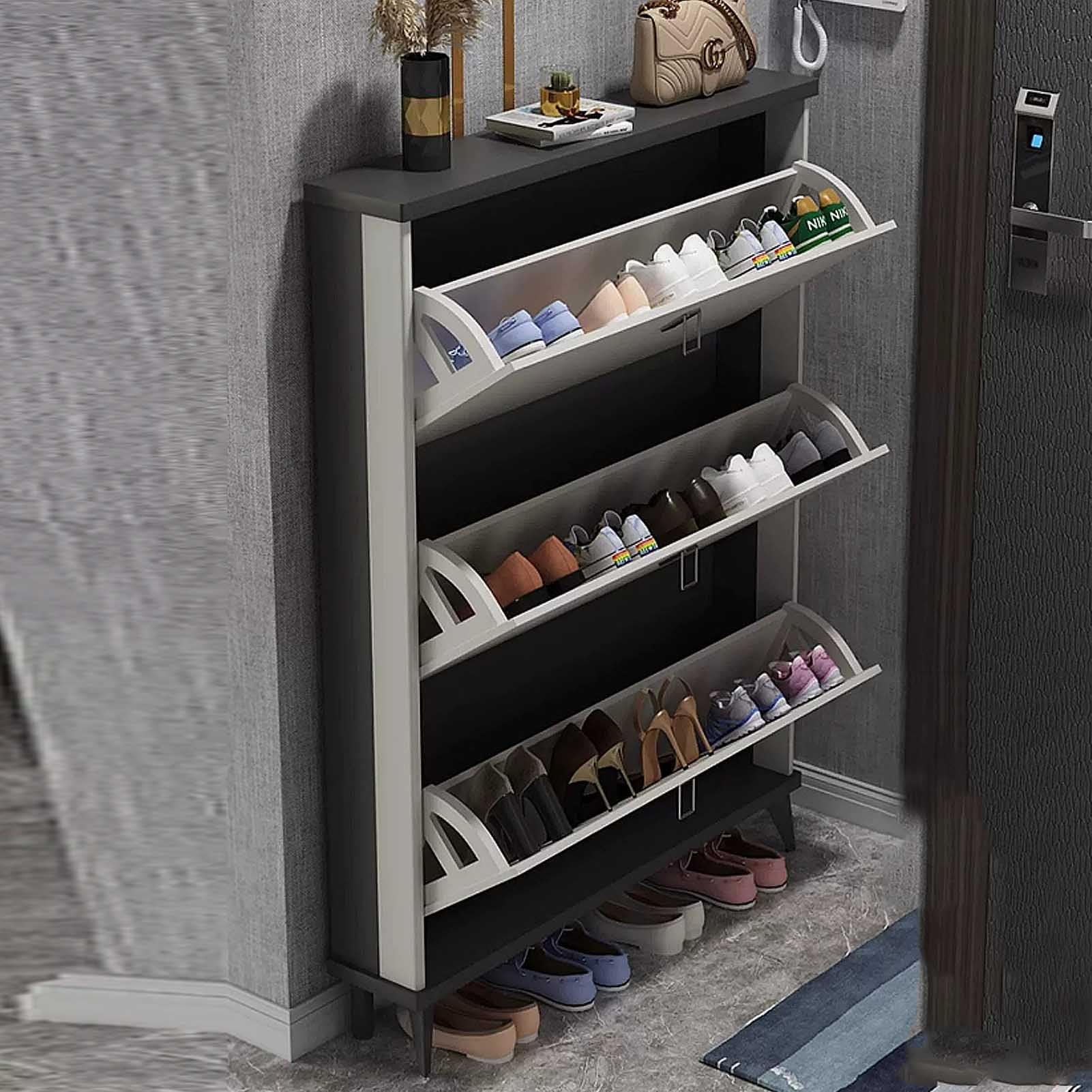 Meuble à chaussures 3 portes rabattables d'entrée 90 cm avec système anti-basculement
