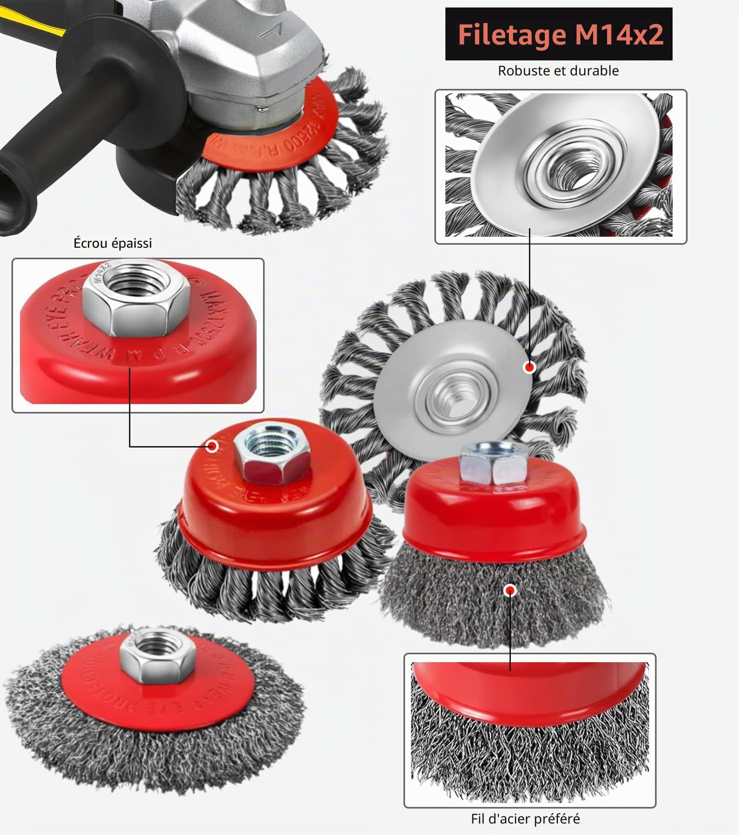 8Pcs brosse metallique meuleuse pour meuleuses d'angle, taille M14, diamètres de 80 mm et 120 mm, brosse métallique meuleuse pour le nettoyage, enlever la rouille, polir et meuler.