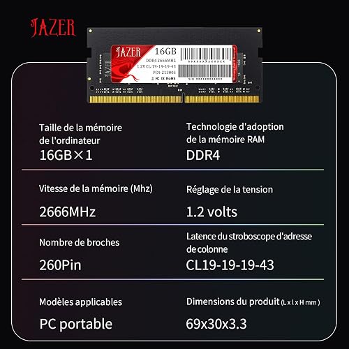 JAZER RAM DDR4 16Go (1x16Go) 2666MHz SODIMM pour Ordinateur Portable - 5
