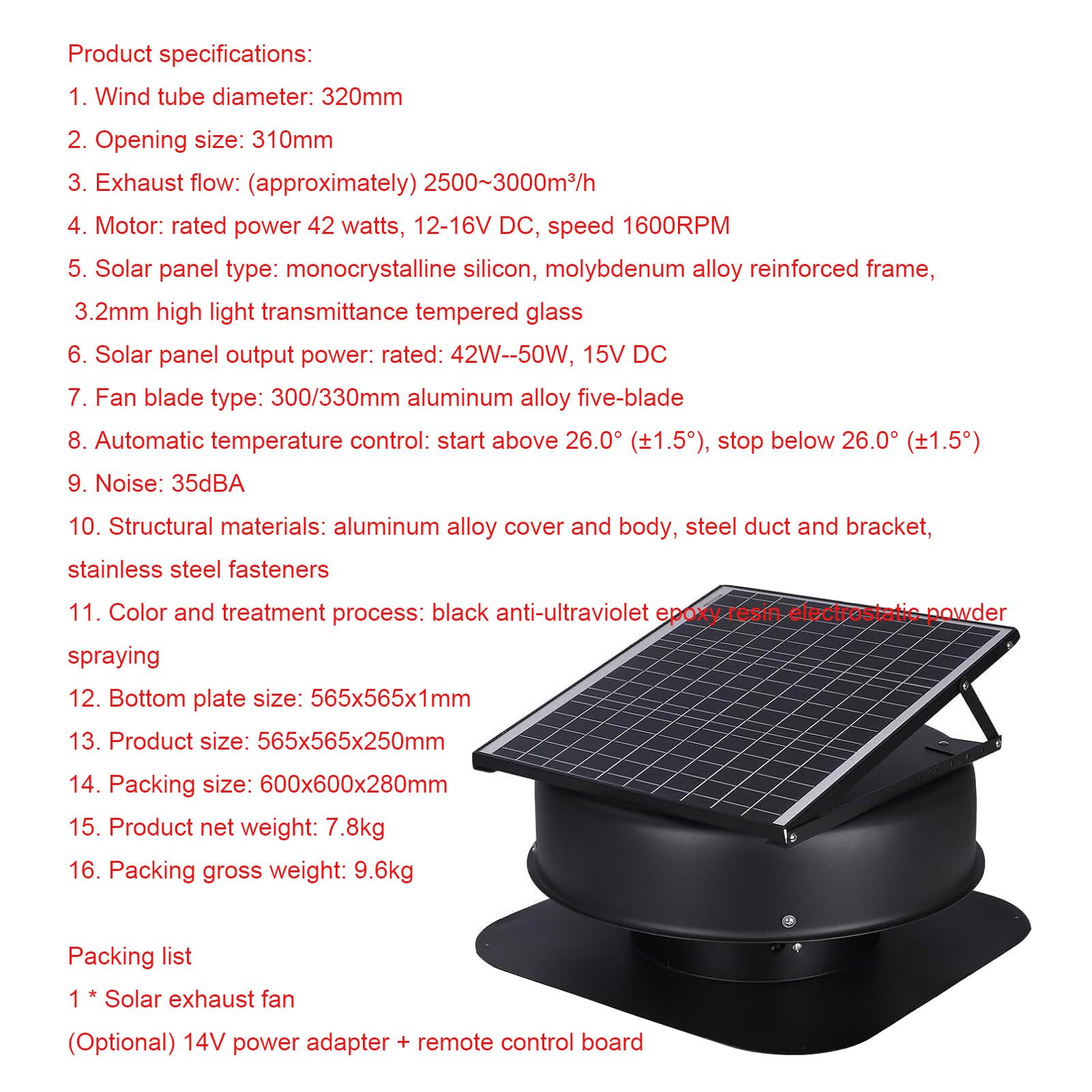 Ventilatore solare da soffitta, 42 W, termostato controllato, per casa, serra, garage, negozio, camper, alto flusso d'aria 1470 CFM per una ventilazione ottimale