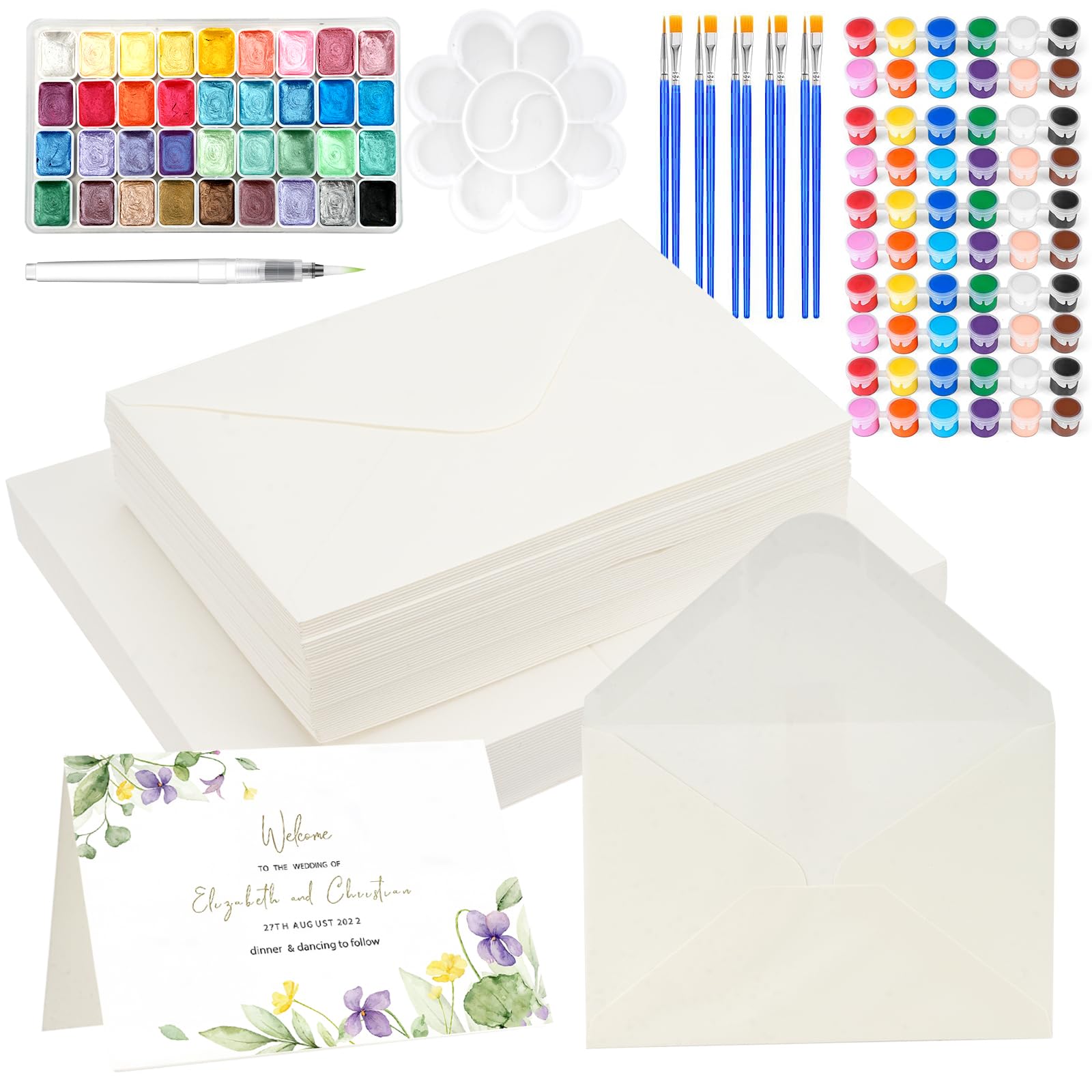 Sigowal 50 Sets Watercolour Cards with Envelopes,140lb/300GSM Blank Watercolor Paper,4 x 6 in Foldable Water Colour Postcards with Mini Watercolor Paints for Greeting Card Birthday Wedding