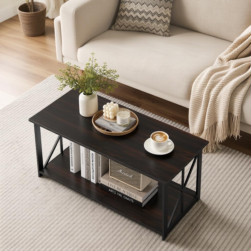 Manora Mesa de Centro Rectangular Moderna, Mesa de Salón Estructura en X, Mesa Baja para Sala de Estar, Oficina, Balcón, 96 x 50 x 42cm, Negro y Marrón