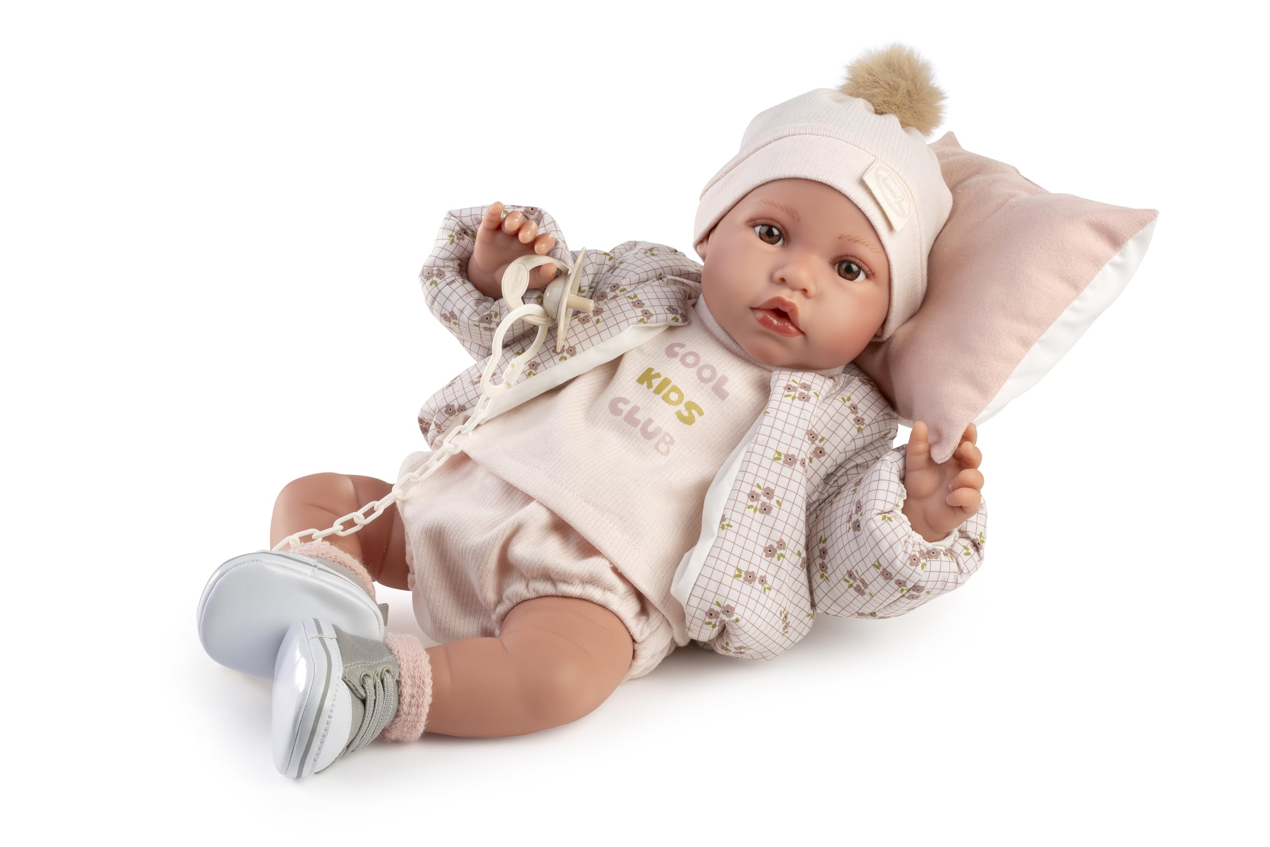 Muñecas Antonio Juan Recién Nacida Erika Bomber, 42 cm, Cuerpo Blandito con Tacto Suave, Incluye Chupete con Cadena y Manta, Vestido Completo con Gorro Pompón