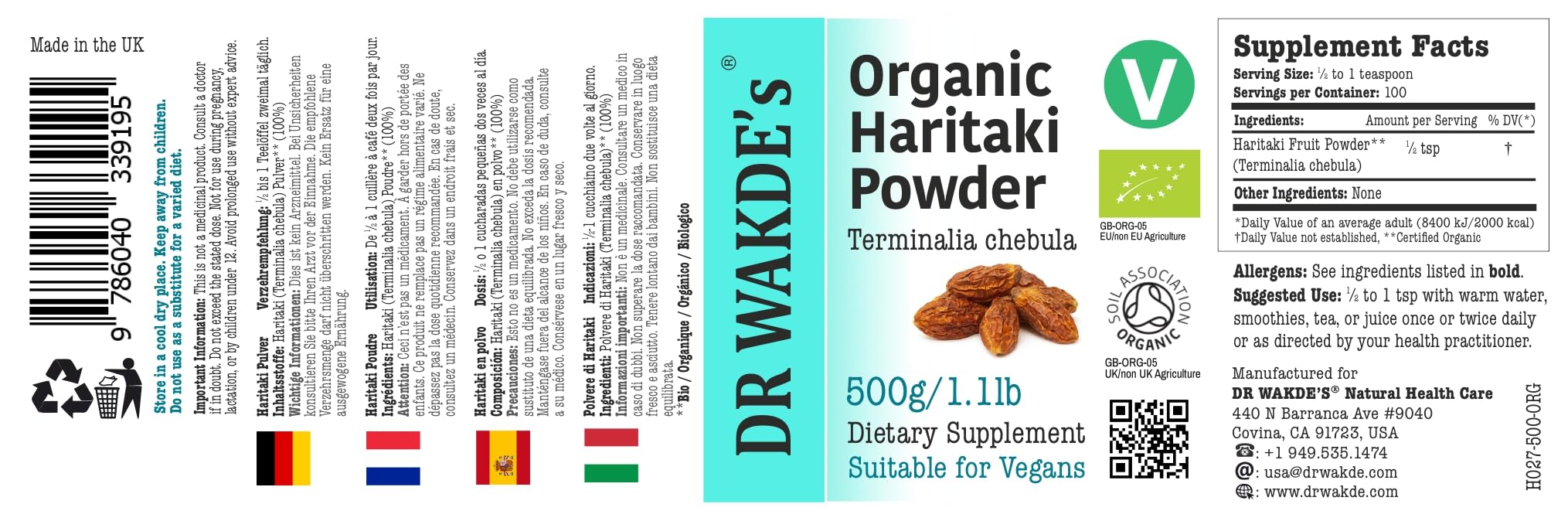DR WAKDE'S Haritaki Pulver (Hirda | Terminalia chebula) - 500 g (1.1lb) | Rein, Raw & Getrocknetes Pulver | Ayurveda-Kräuter | Vegan | Nichts hinzugefügt, nichts entfernt | Am selben Tag Versand