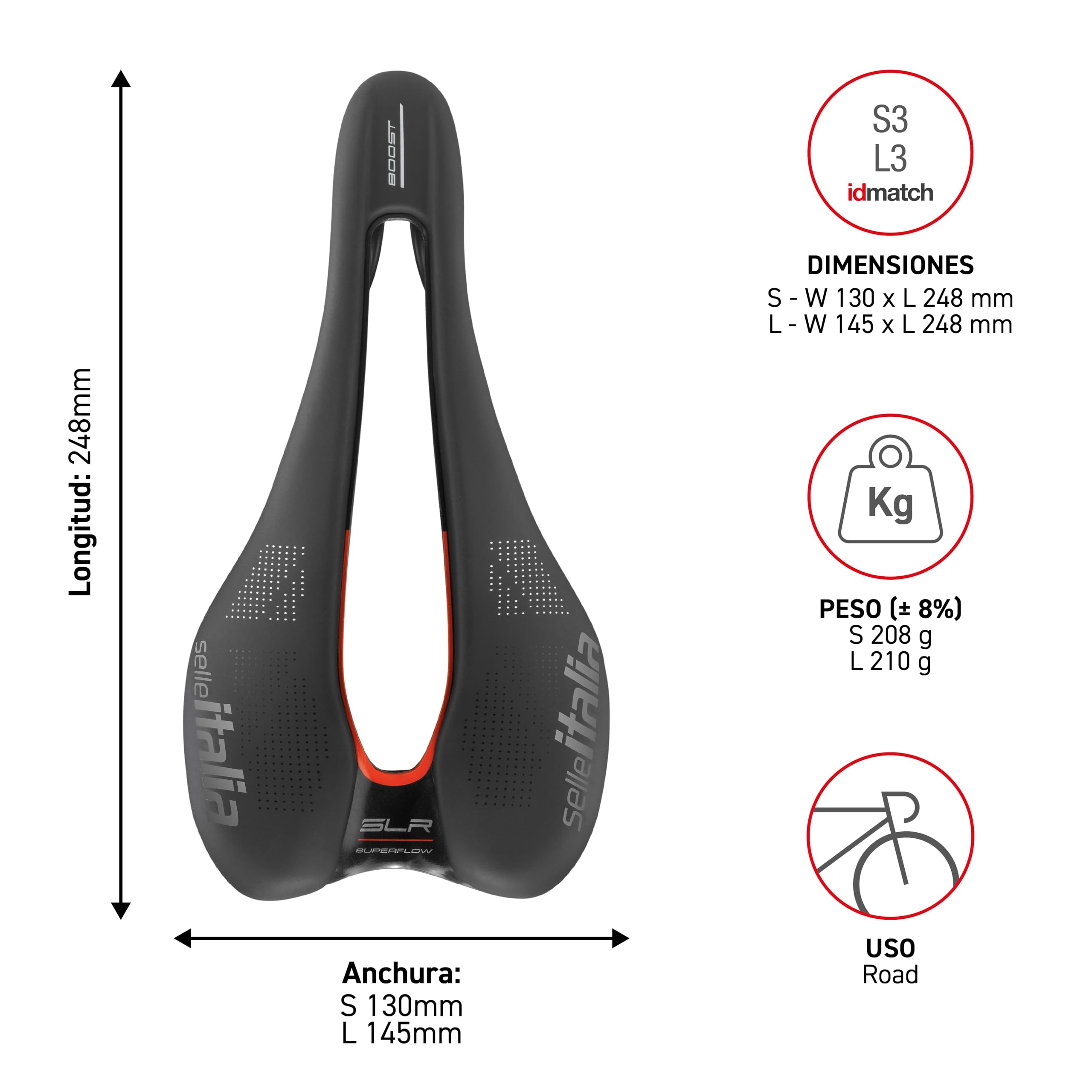 Selle Italia SLR Boost KC TM Superflow - Sillín de Bicicleta con Diseño Clásico SLR, Cómodo Sillín para Carretera con y Agujero Superflow, Cuadro de Cromo-Manganeso