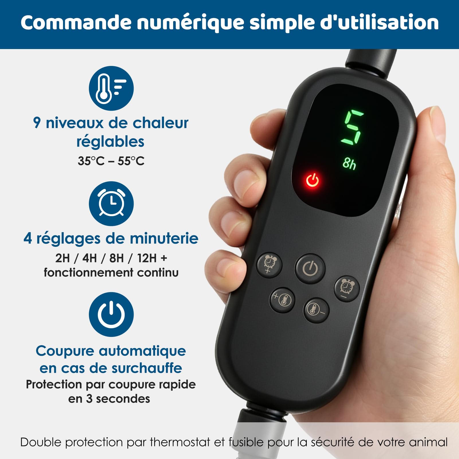 Wdmiya Tapis Chauffant pour Animaux avec 9 Niveaux de Température&Minuterie
