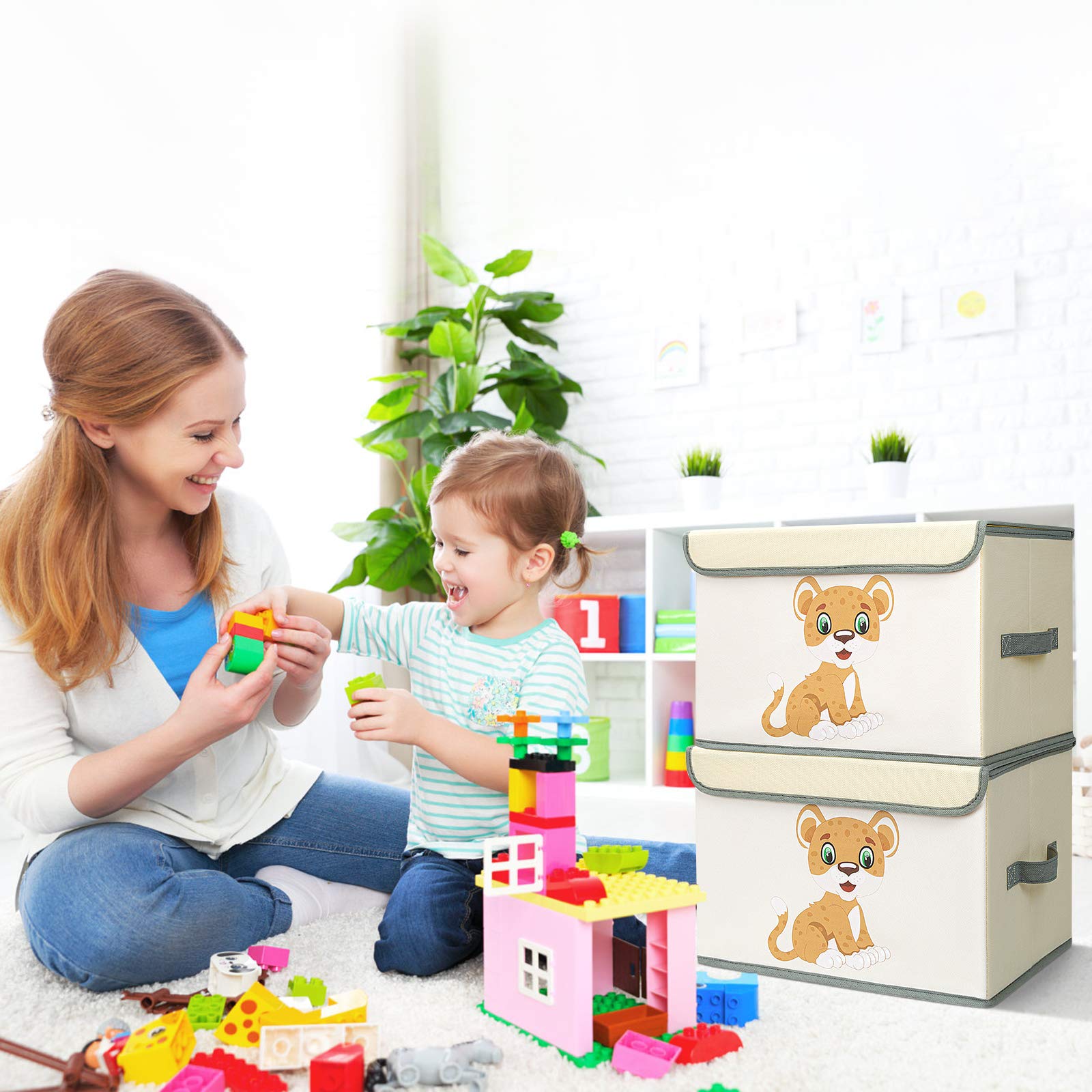 DIMJ Cube Rangement Jouet Enfant Lot de 2 Boîte de Rangement, Pliable Caisse,pour Livre Jouets Jeux Panier Boite de Rangement et Bac a Jouet Caisse en Tissu, Beige