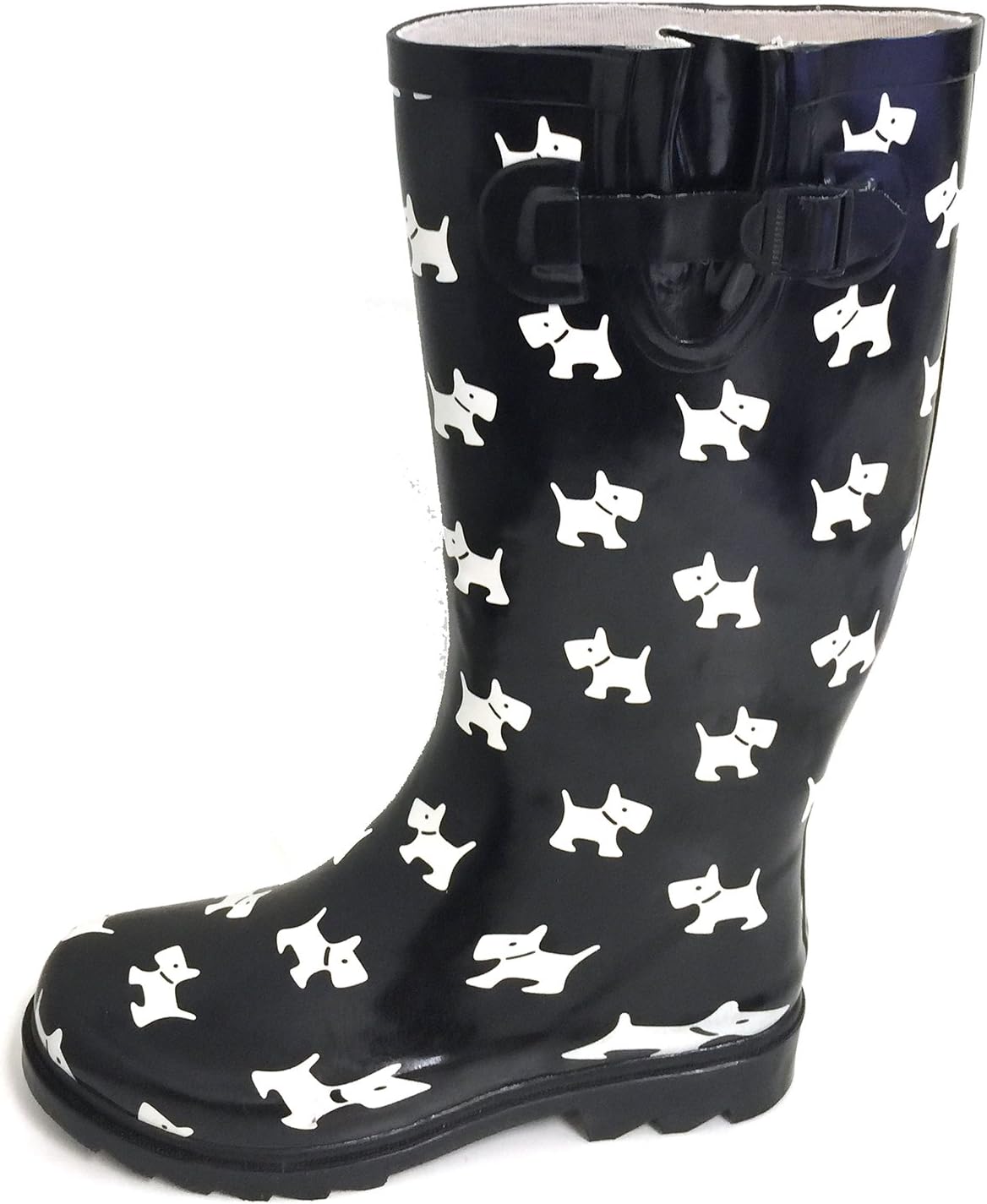 G4U Women's Rain Boots Multiple Styles Color Mid Calf Buckle Fashion Rubber Knee High Snow Shoes (8 B(M) US, Black/White Puppies)