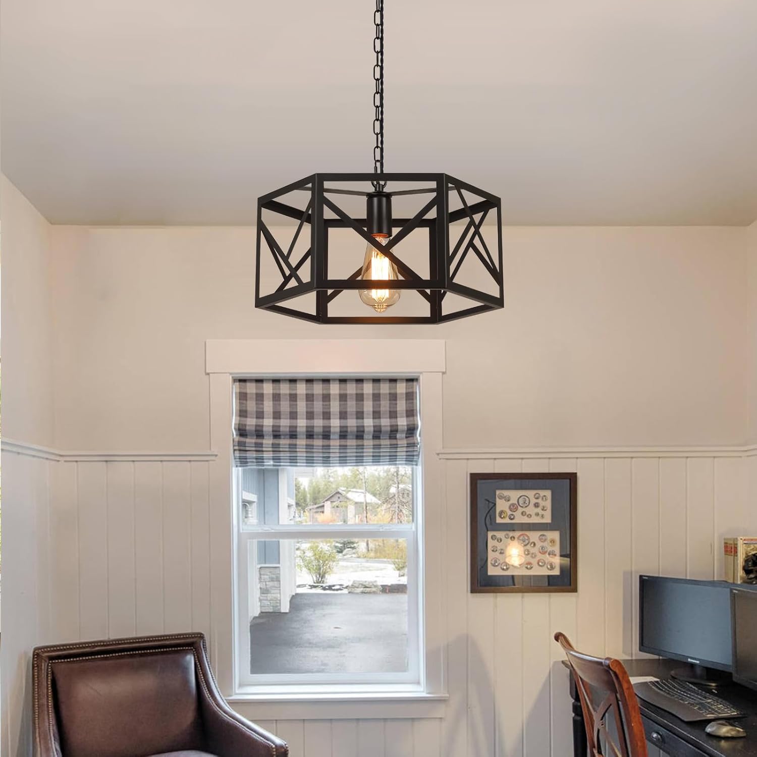 Rustic Farmhouse Plug in Pendant Light Fixture with Adjustable Chain, Dimmable Switch, 14.5 inch Modern Industrial Metal Cage Hanging Lamp for Kitchen Island Dining Room Farmhouse Home, Black