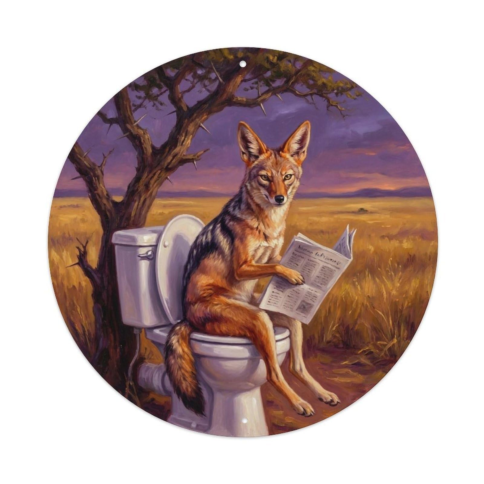 Jackal On Toilet Humorous Bathroom Thorn Tree Dusk Reads Metal Tin Sign