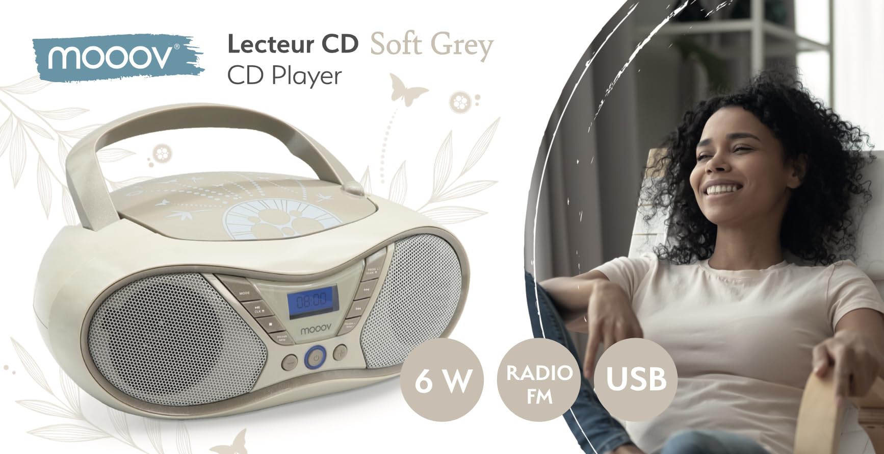 MOOOV Soft Grey, lettore CD portatile, riproduzione CD-R/CD-RW/CD-MP3, radio FM, porta USB, audio stereo 6W, impugnatura ergonomica, funziona su alimentazione o batterie