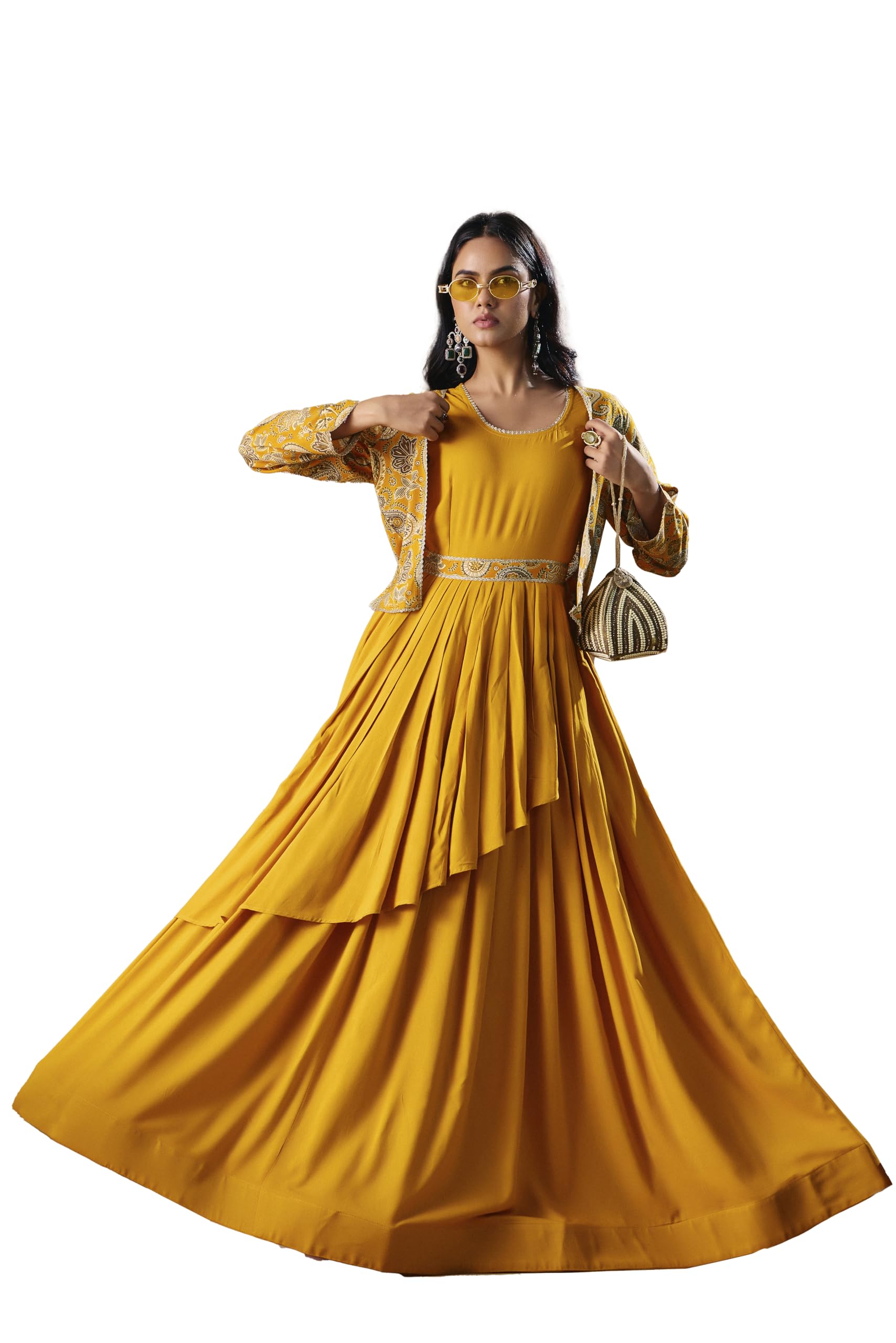 madhuram textiles Women,S Rayon Gown with Printed Koti | Round Neck Long Dress for Women(M-2555 Yellow and Black)