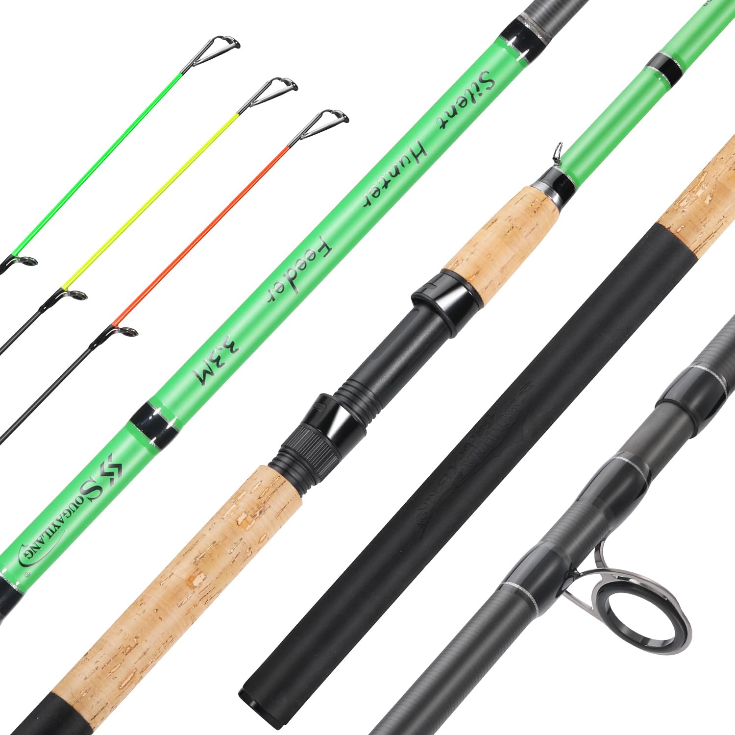 Sougayilang 3-teilige Feeder- und Karpfenrute, Angelrute aus Kohlefaser, 11ft und 12ft, mit 3 Spitzen (S, M, L), Eva + Korkgriff, leichtes Design für das Karp Angeln von Süßwasserfischen