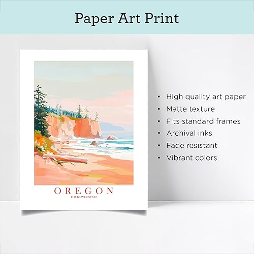 Miniatura 8 de ColorAndFlair Oregon Travel Print Coastal Ocean Pink Orange Wall Art Retro Poster Beaver State Souvenir Beach Painting (11x14 inches)