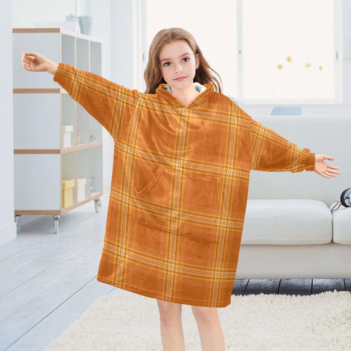 Pomarańczowy bursztynowy koc w kratę dla dzieci do noszenia bluza z kapturem oversize bluza koc sweter tekstura siatki dla chłopców i dziewcząt w wieku 3-14 lat, multi, 150-170