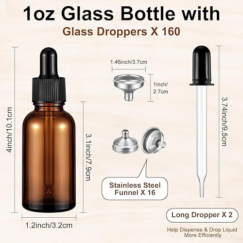 Miniatura 2 de Eccliy Paquete de 160 botellas cuentagotas de vidrio de 1 onza de vidrio de 1.0 fl oz con cuentagotas, 16 embudos y 2 cuentagotas largos, botellas