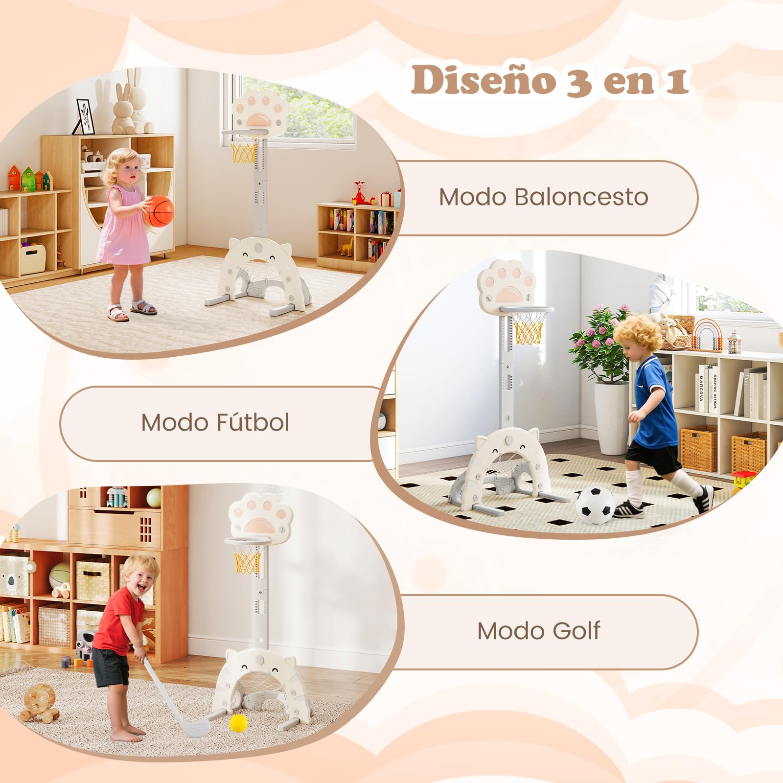 COSTWAY Canasta de Baloncesto para Niños 3 en 1, Centro Deportivo con Juegos de Baloncesto, Fútbol y Golf, Juego de Actividad Interior con Altura Ajustable y Aro Plegable para Niños de 3+ Años (Gris)