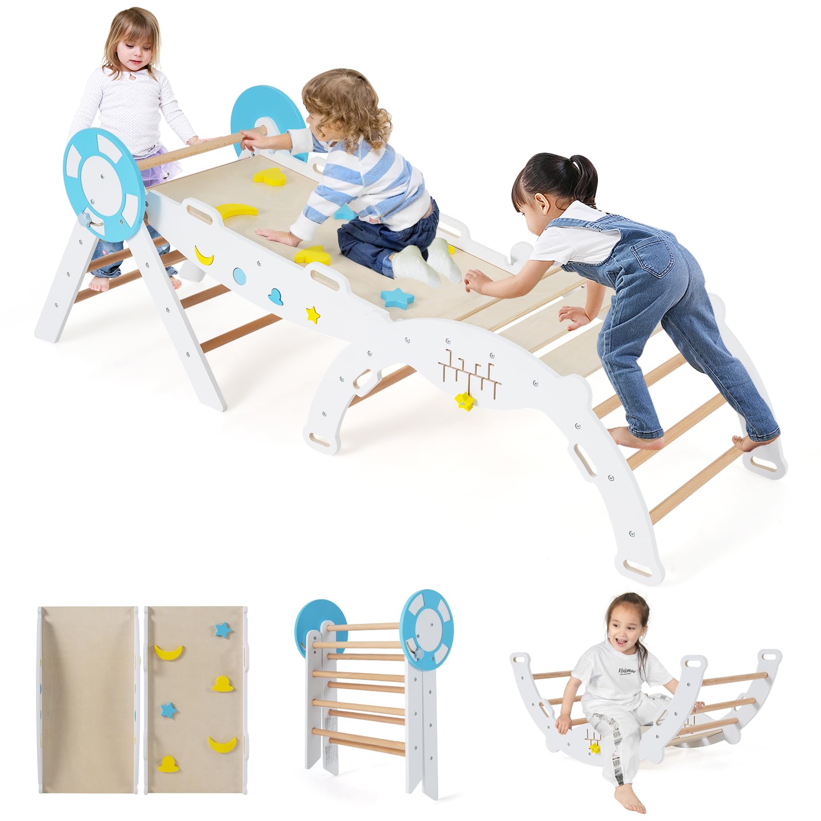 COSTWAY Toddler Climbing Frame, Kids Wooden Climber Toys Set with Arch, Reversible Ramp, Indoor Montessori Play Gym for Boys Girls 3 Years Old+ (7 in 1 Nautical-Themed, White)