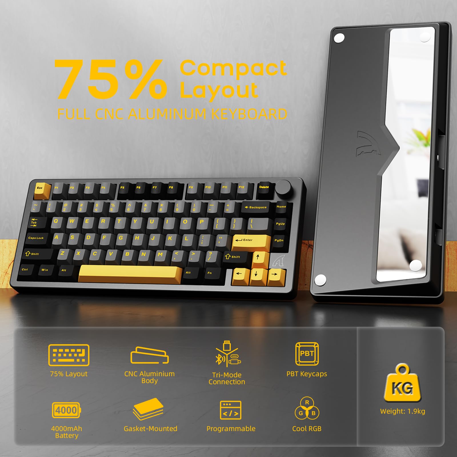 ATTACK SHARK Tastiera meccanica wireless X86, 75% tastiera da gioco interamente in alluminio CNC, guarnizione retroilluminata RGB, tastiera personalizzata hot swap con manopola, BT/2.4G/USB-C,