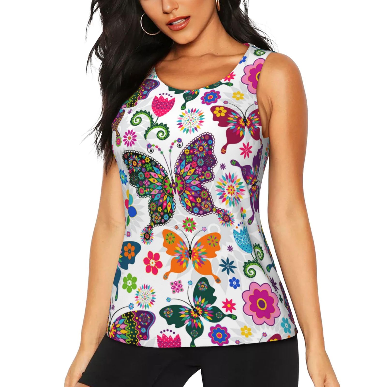 Peiyeety Women's Black Tank Tops Sleeveless Vest Butterfly Colorful Pattern For Casual Gym Athletic Running Workout Shirt