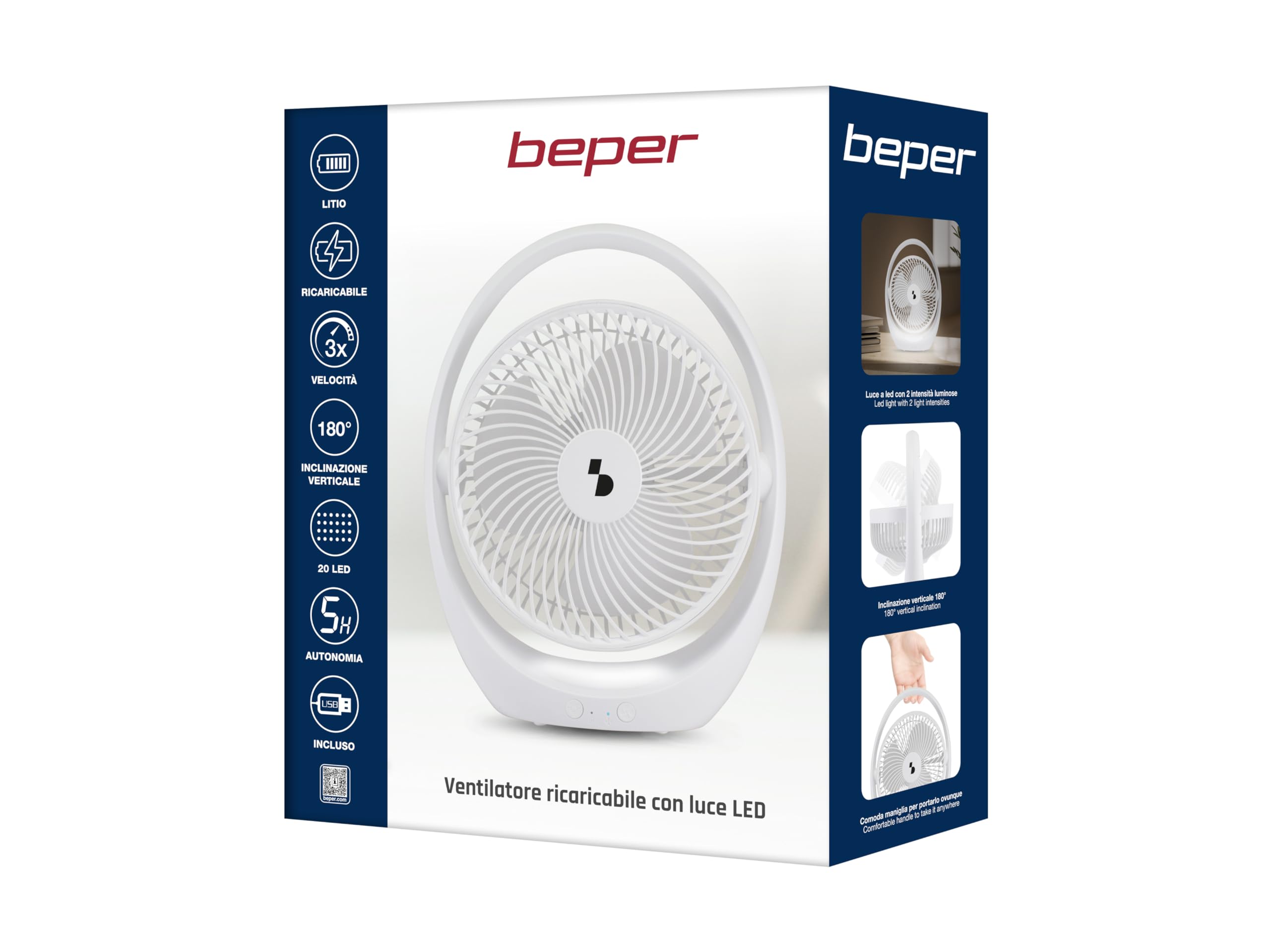 BEPER P206VEN425 Ventilatore da Tavolo Ricaricabile con Luce LED, Ventilatore Portatile 3 Velocità, Luce Notturna 2 Intensità, Autonomia 5h, Inclinazione Regolabile, USB