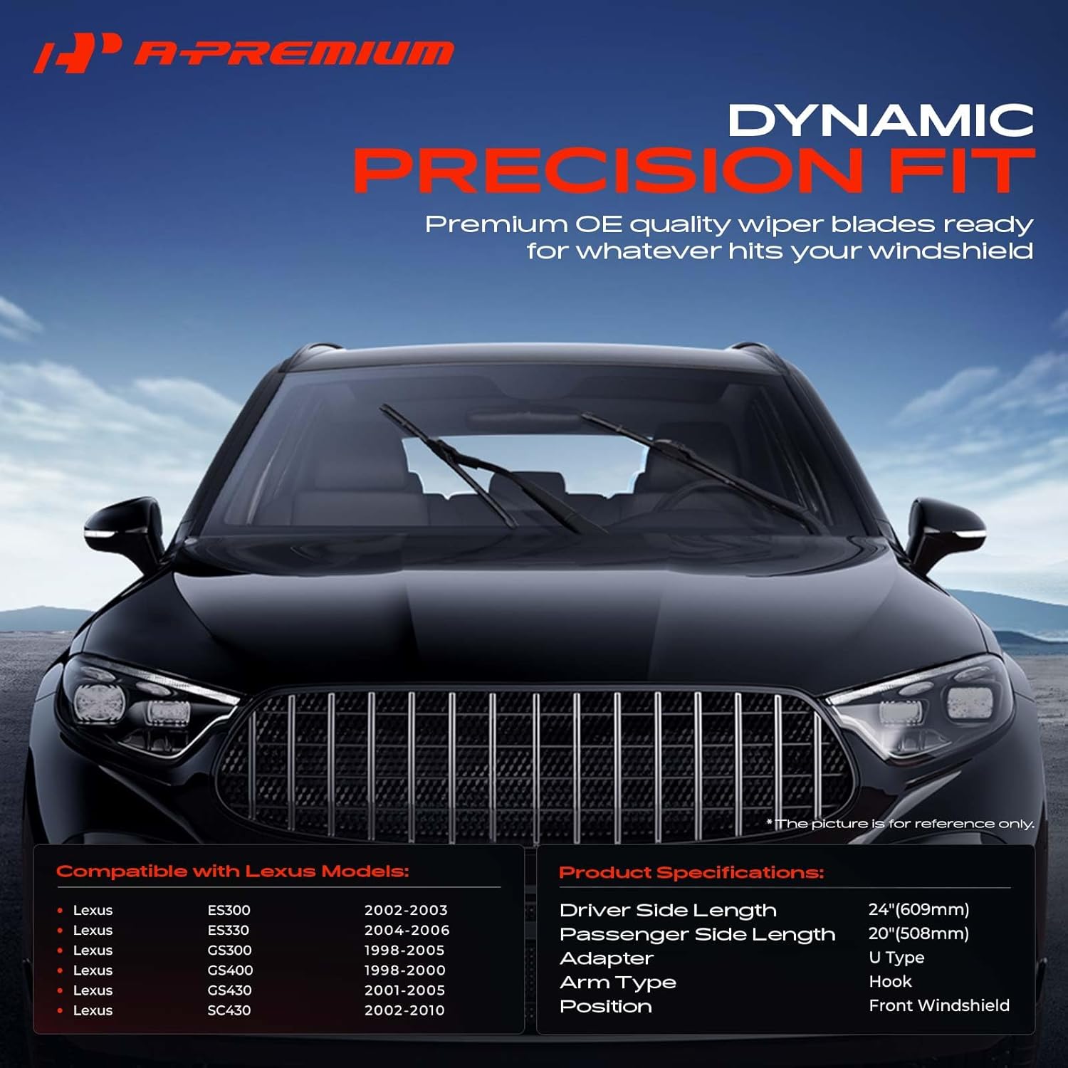 A-Premium 24"+20" Windshield Wiper Blades Compatible with Lexus ES300 2002-2003, ES330 2004-2006, GS300, GS400, GS430, SC430 - Hook Connector, with Wear Indicator & Towel (Pack of 2)