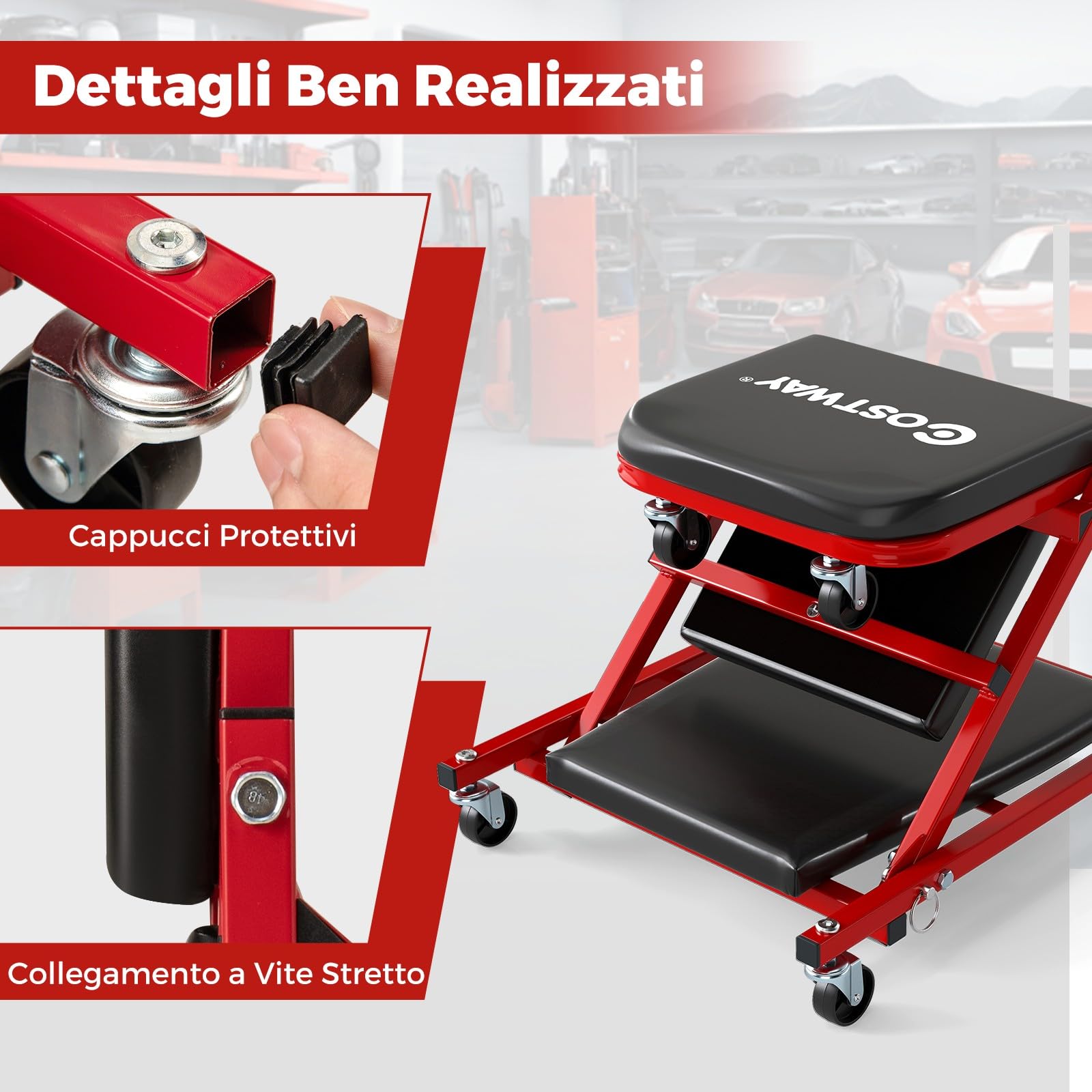 COSTWAY 2 in 1 Sgabello da Officina a Forma di Z, Carrello Meccanico sotto Auto con Sedile Imbottito e Ruote Girevoli a 360°, Portata 150 kg, per Garage e Officina (Nero)