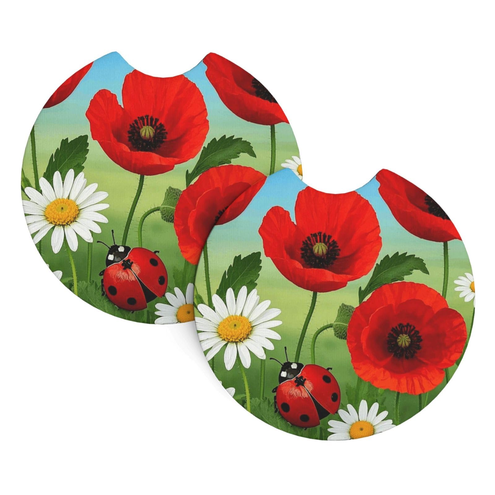 2PCS Car Coaster for Cup Holders Universal Auto Cup Mat Chamomile Ladybug and Daisy Cup Coaster Pad 2.7" Waterproof Neoprene Non-Slip Cup Holder Coasters Car Interior Accessories for Women Men