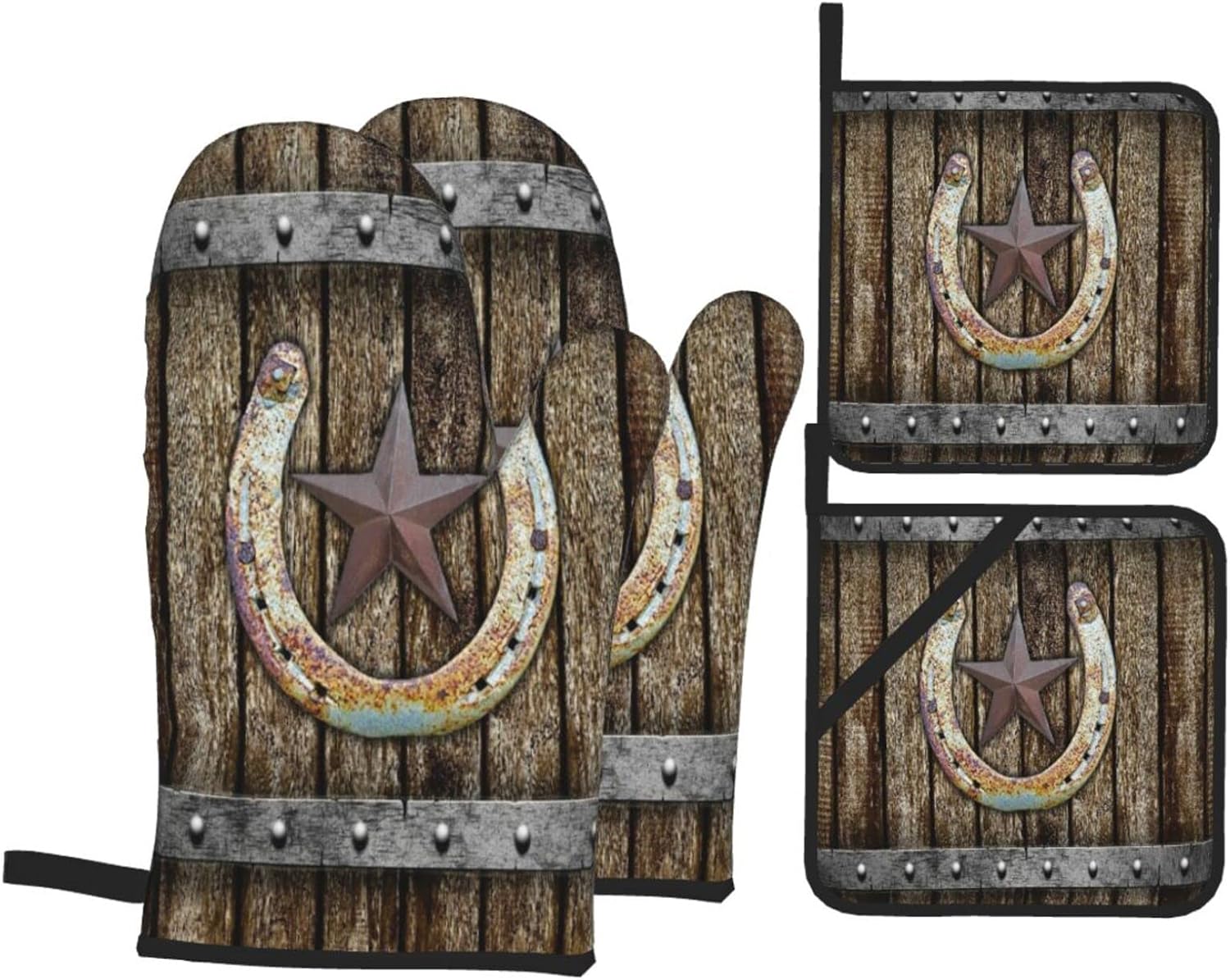 Oven Mitts and Pot Holders Sets of 4 Rustic Farmhouse Rusty Horseshoe Texas Star Vintage Western Country Cabin Brown Polyester Oven Mitts with Oven Gloves and Hot Pads Potholders for Kitchen BBQ