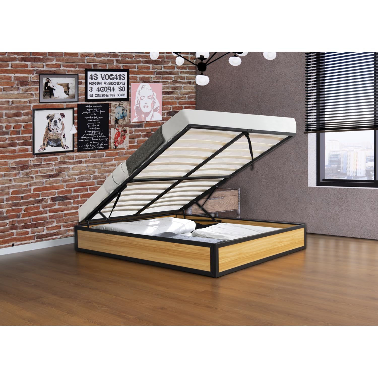 Lit Coffre Industriel JERSEY 140x190 cm Bois et Métal Sommier 24 Lattes