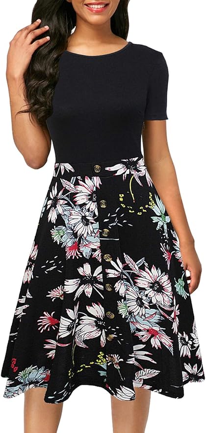 Berydress Women's Short Sleeve Colorblock Button Down Sundress Knee-Length Flared A-Line Casual Party Swing Dress