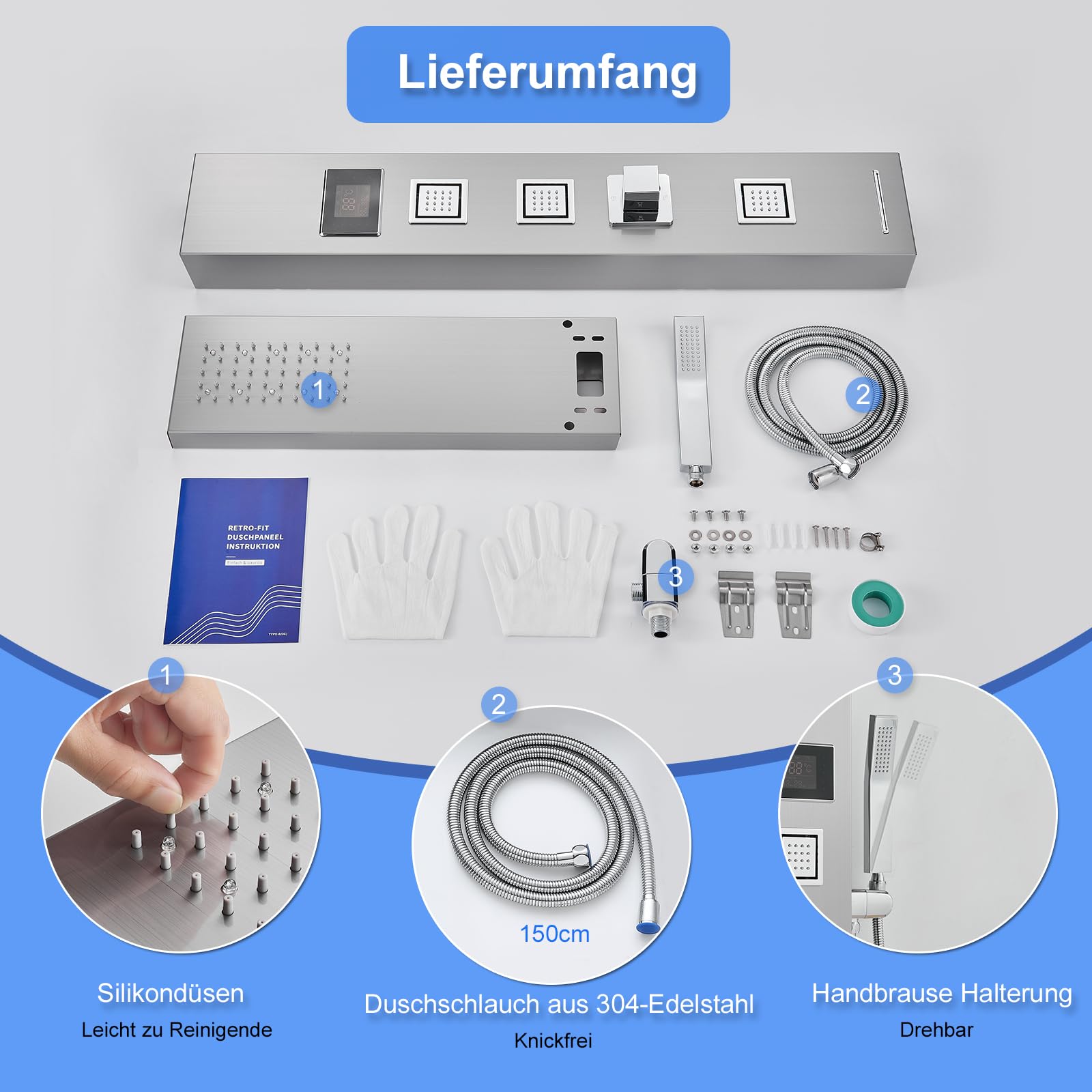 Duschpaneel ohne Armatur, LED-Temperaturanzeige, Edelstahl 304 | Duschpaneel mit Regendusche, 3 Massagedüsen, Handbrause und Wanneneinlauf, Duschsäule Gebürstet