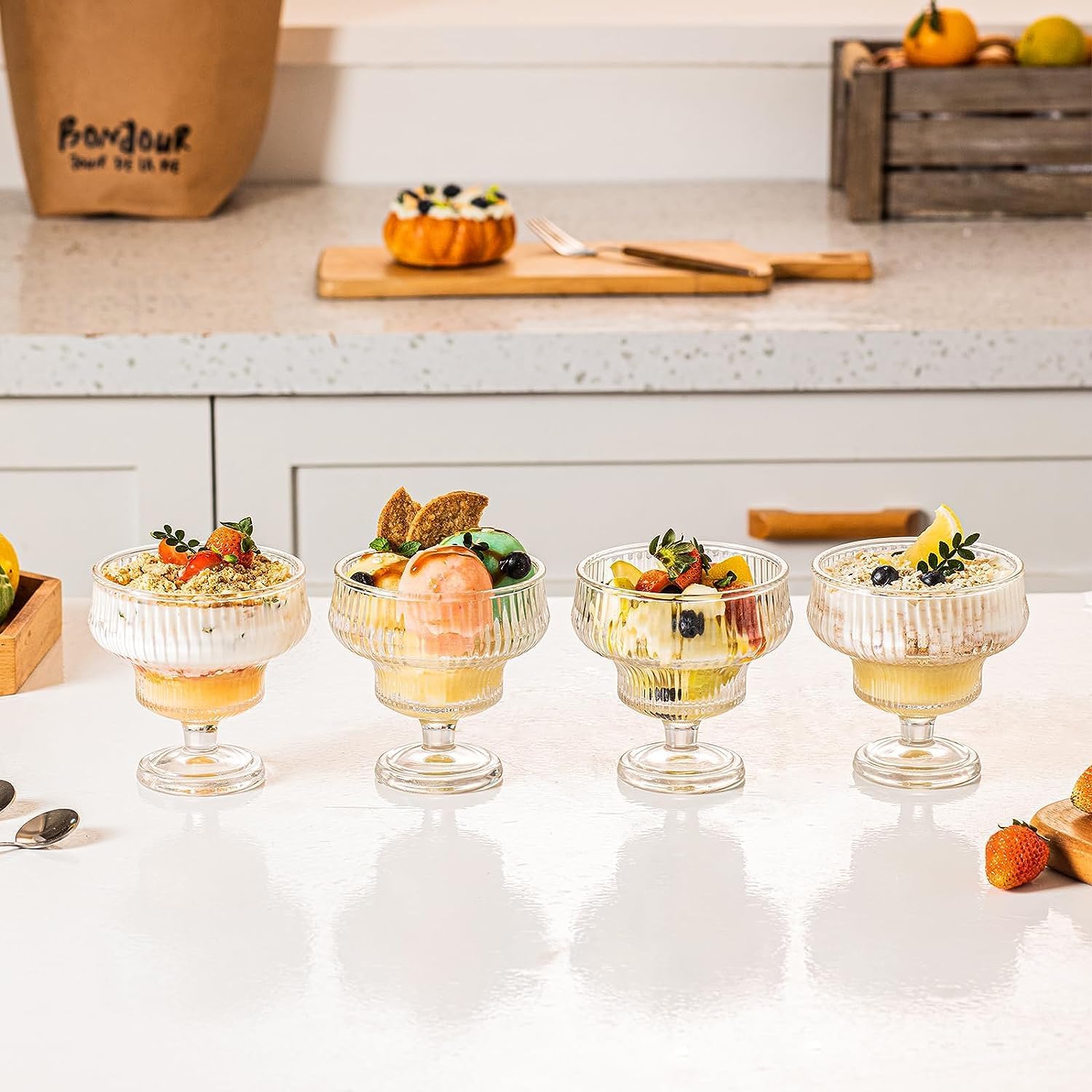 Red-Rubby Ice Cream Sundae Glass Bowl Set of 3, Clear Stripes Footed Dessert Bowls, Glass Dessert Cups Perfect for Sundae, Ice Cream, Fruit, Salad, Cocktail, Trifle 300ml (3) 3