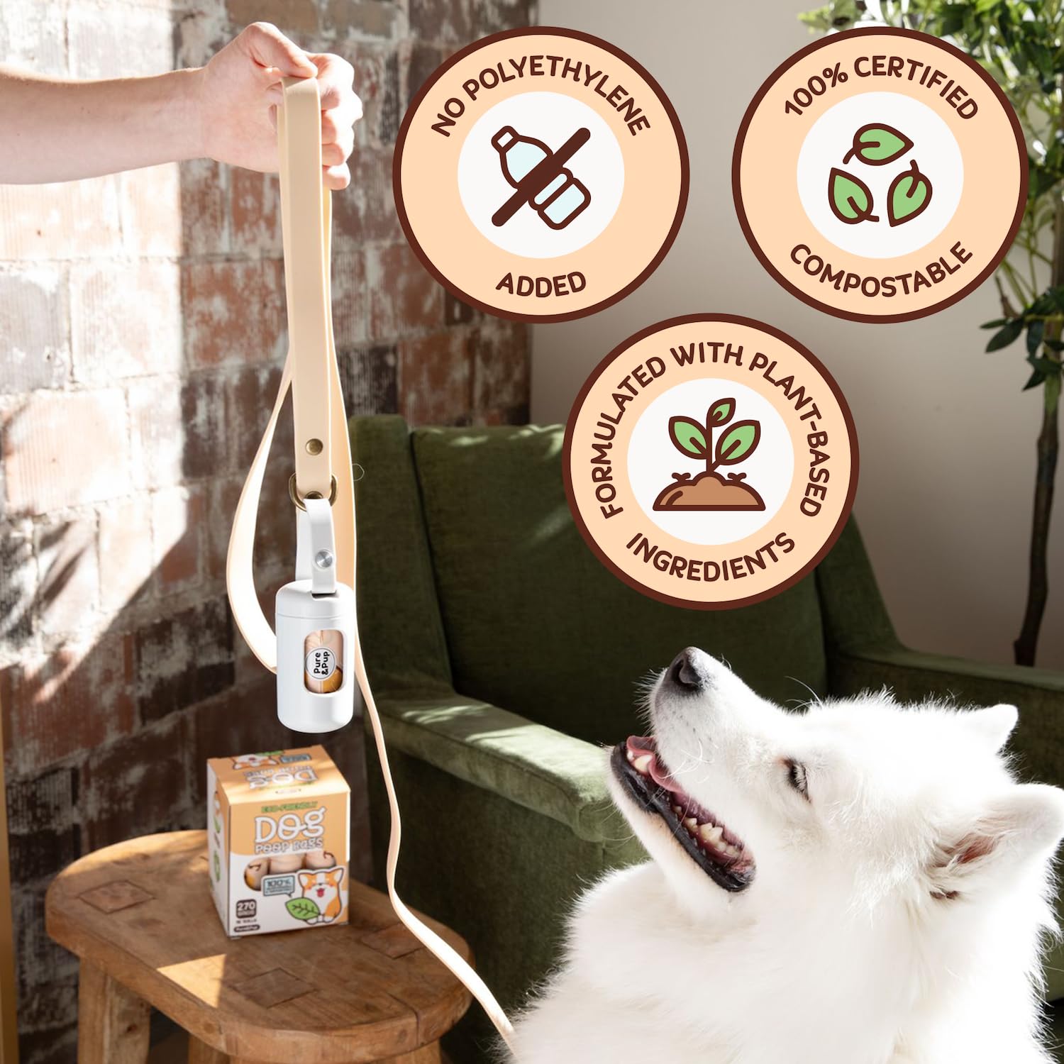 Pure & Pup Bolsas compostables para excremento de perro, 270 unidades, compatibles con ASTMD6400 y EN13432, bolsas de residuos de mascotas a base de plantas, extra fuertes y a prueba de fugas, 18