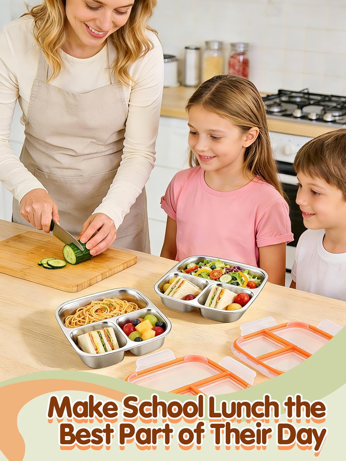 Alphatool 2 pcs Portable Stainless Steel Snack Containers for Kids - 3 Compartments Includes 10 oz & 5 oz, Dishwasher Safe Lunch Box Bento Box for School Office