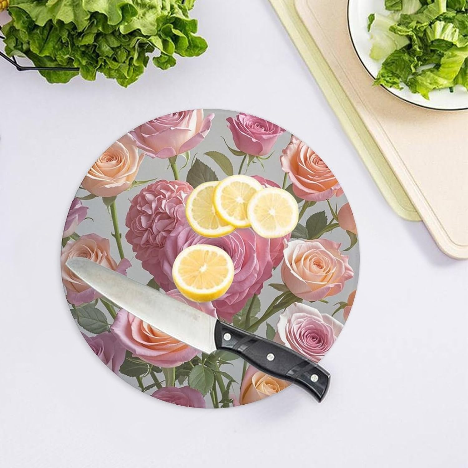 Heart Roses Cutting Board Portable Small Chopping Boards Tempered Glass Kitchen Counter Protector Non-Slip Round Charcuterie Boards Mat for Bar Cheese Board