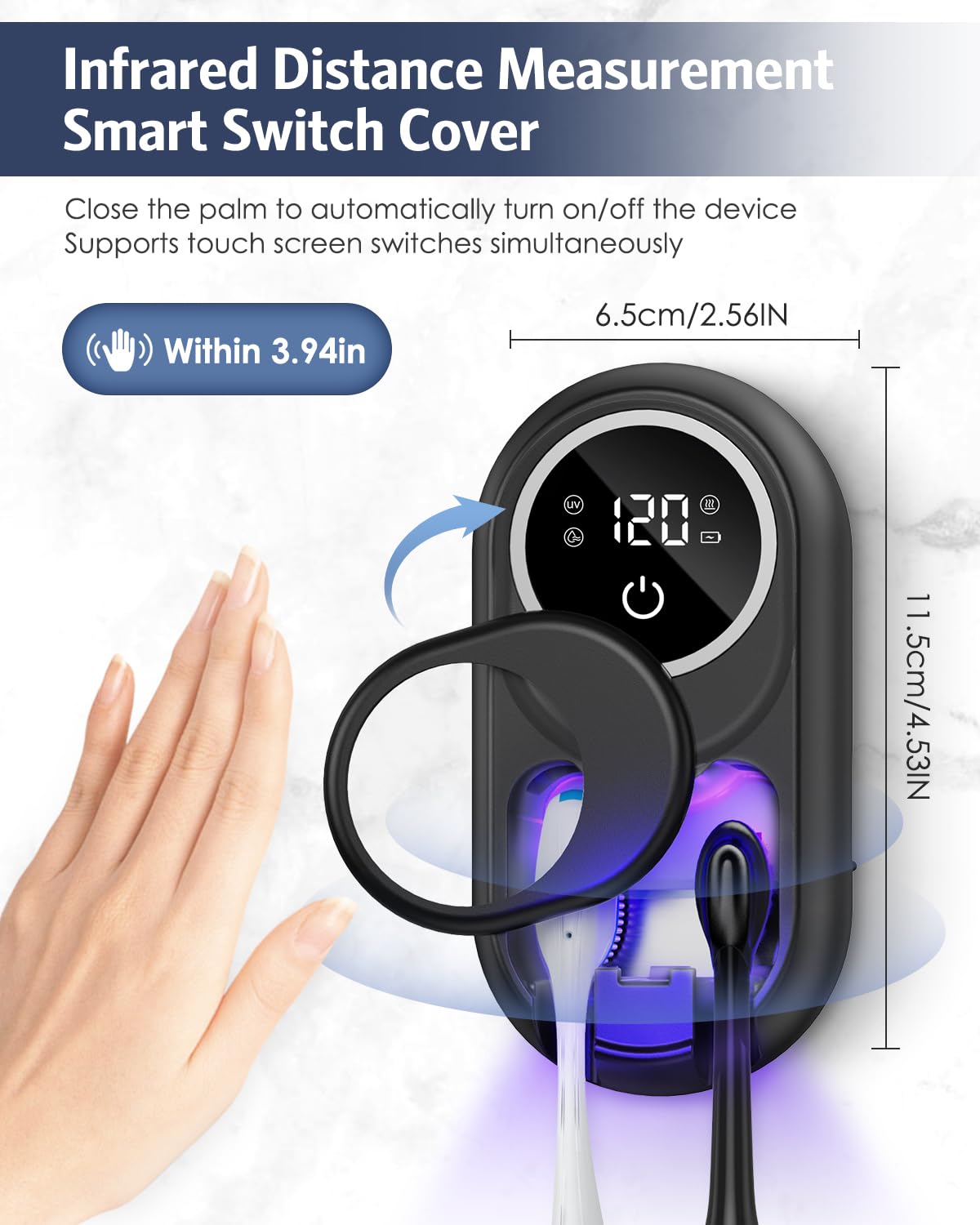 Soporte desinfectante para cepillos de dientes, soporte para cepillo de dientes UV mejorado con modo dual de limpieza y secado al aire, pantalla inteligente LED, cubierta autoinductiva